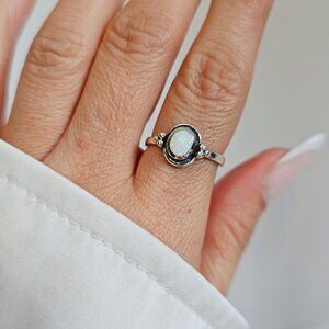 Sterling Silver Rainbow Opal Ring, Beaded Lab White Opal Ring, Opal Ring,